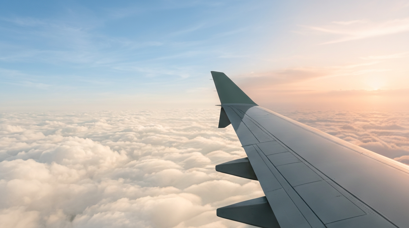 An airplane wing above soft clouds in the morning sky